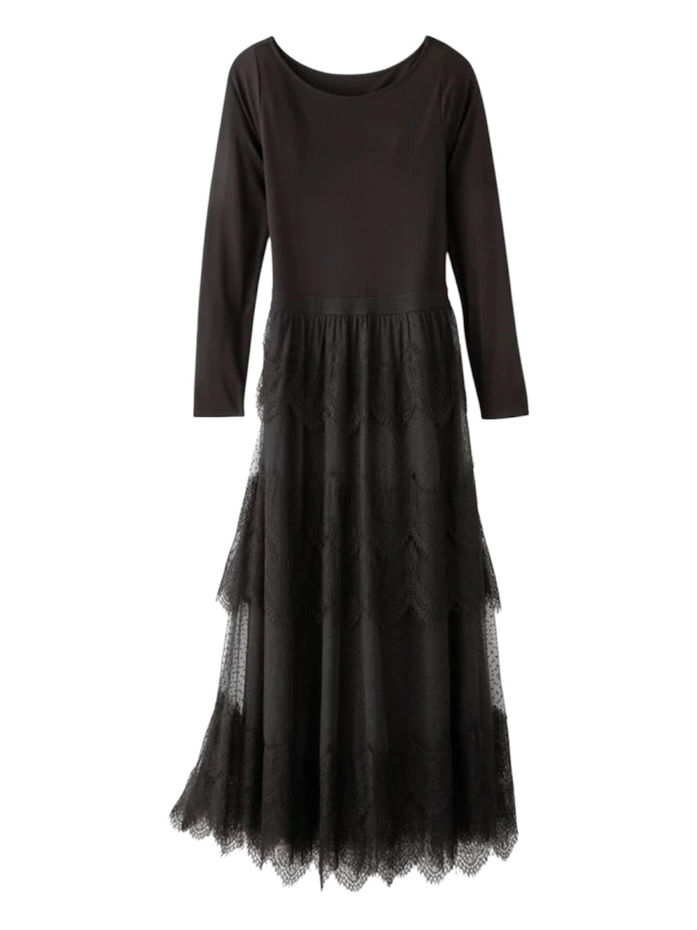 Soft Surroundings Frederica Dress Black Long Sleeve Lace Tiered Maxi Dress